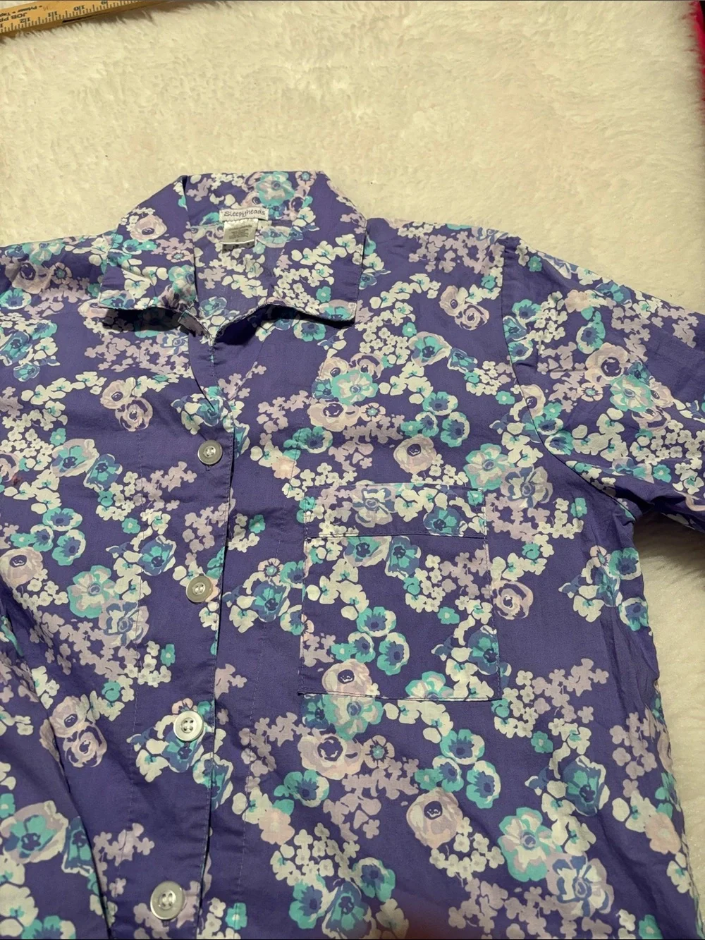 Women’s 100% Cotton Floral Pajama Set Purple Button Front Shorts M